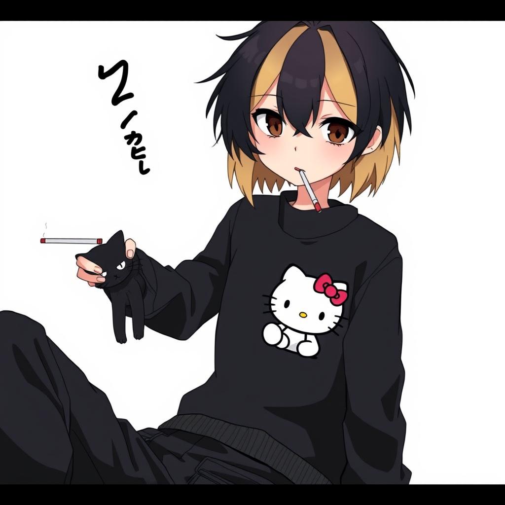 An anime-style image featuring a boy with medium-length black hair that transitions to blonde at the back