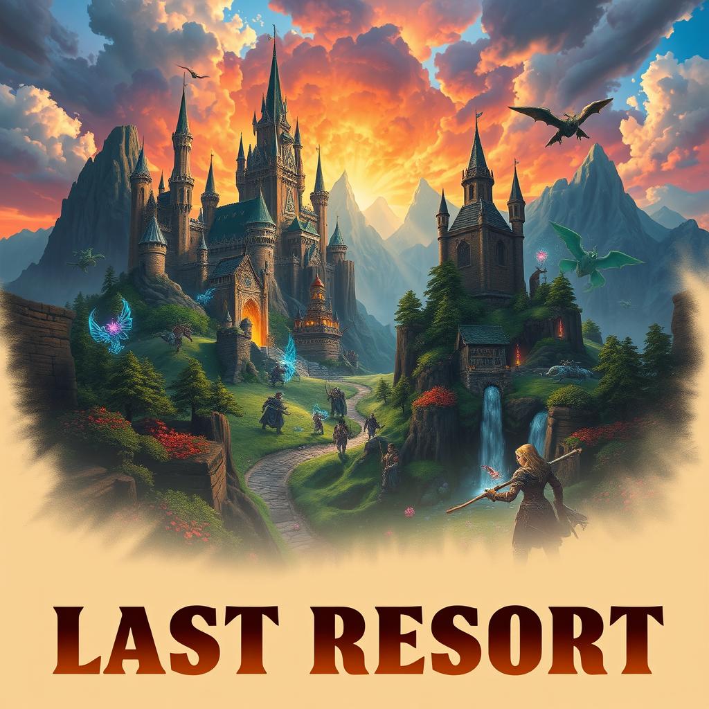 An artistic representation reflecting the fantasy realm of World of Warcraft, featuring vibrant landscapes, towering castles, diverse characters such as night elves and orcs, magical creatures, and epic battles