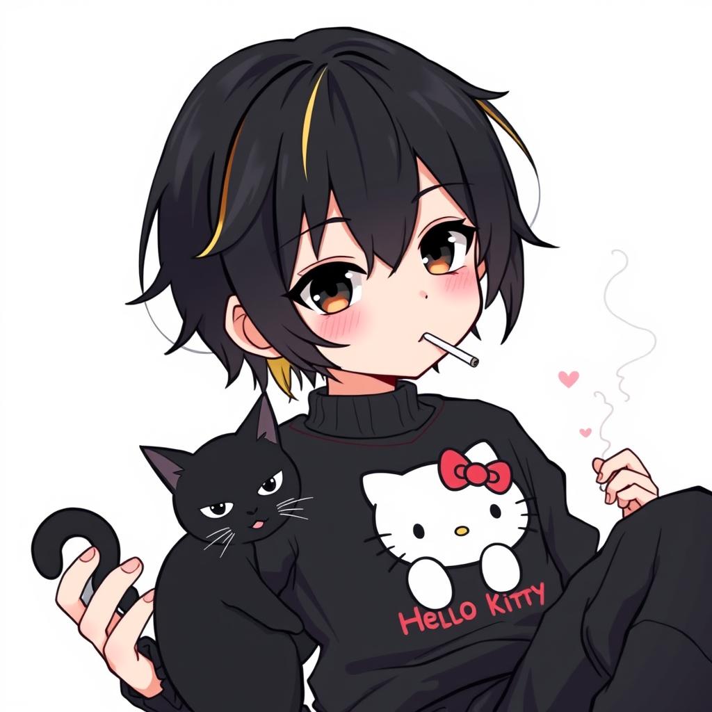 An anime-style illustration of a boy with medium black hair featuring blonde tips at the back