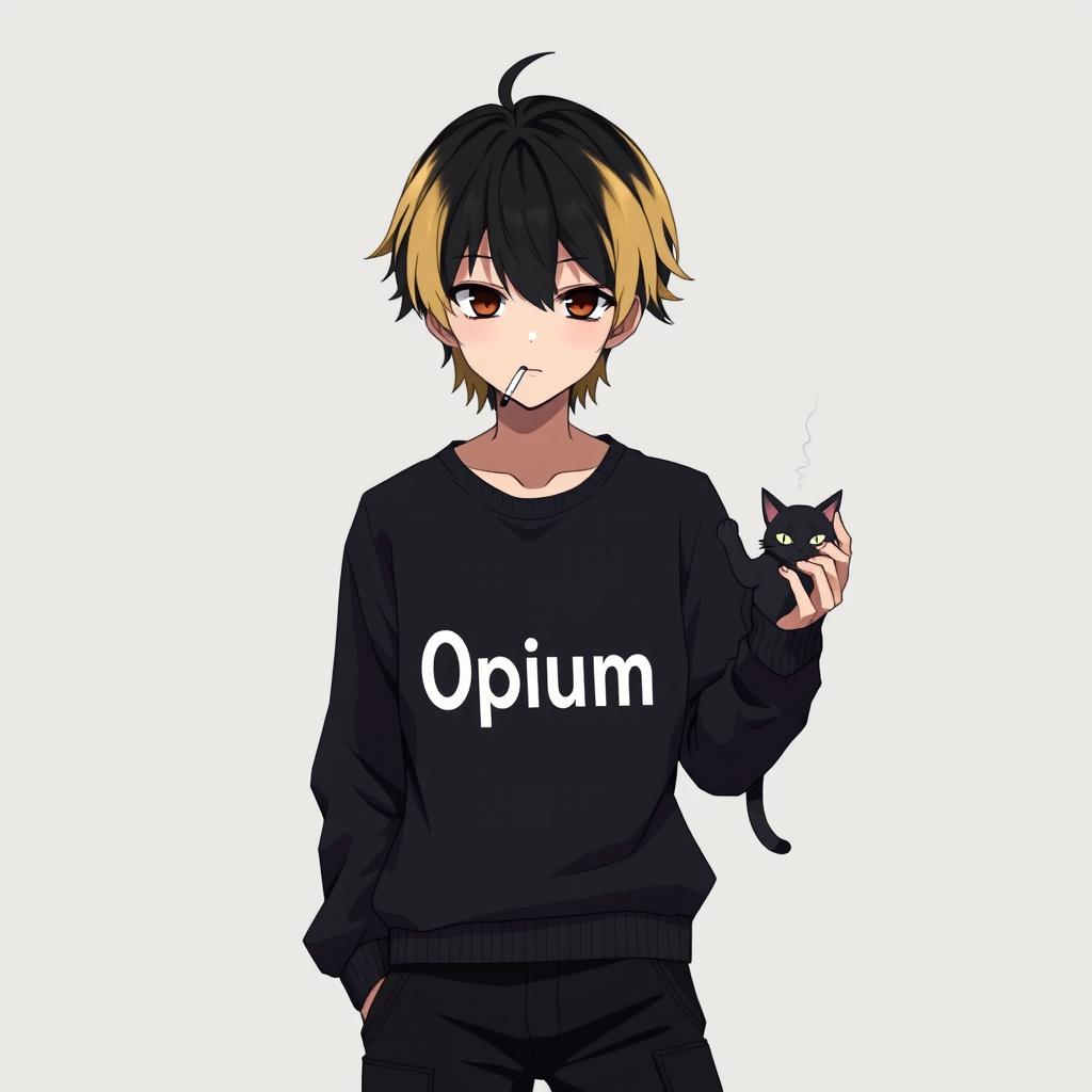 Anime art image of a teenage boy with medium black hair that transitions to blonde at the back