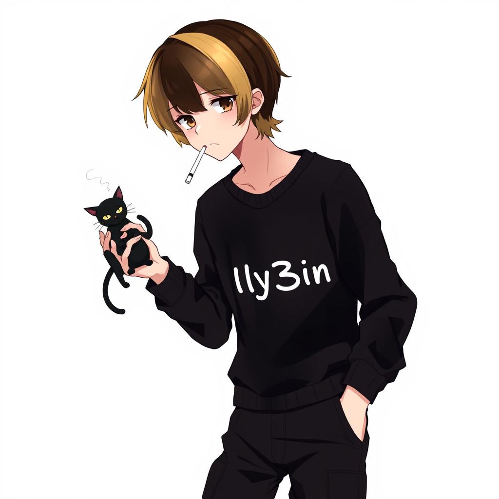 Anime art image of a boy with black medium-length hair that transitions to blonde at the back