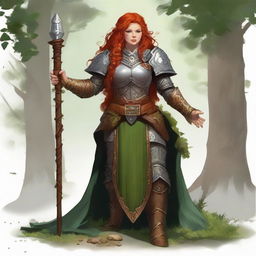 A dynamically powerful redhead dwarf female druid (only controlling the wood and earth elements) stands adorned in solid heavy armor. She commands a current of air visibly laden with twirling leaves and small rocks around her.