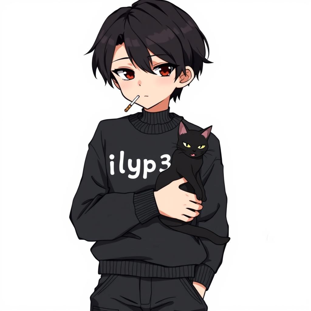 A stylish anime art depiction of a boy with medium black hair, wearing a black sweater adorned with the text 'Ilyp3in' and black cargo pants