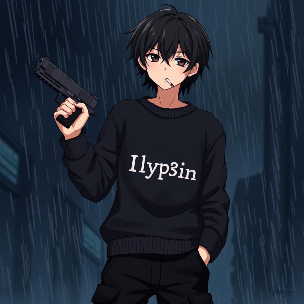 An anime art image of a boy with medium black hair wearing a stylish black sweater with the text 'Ilyp3in' printed on it