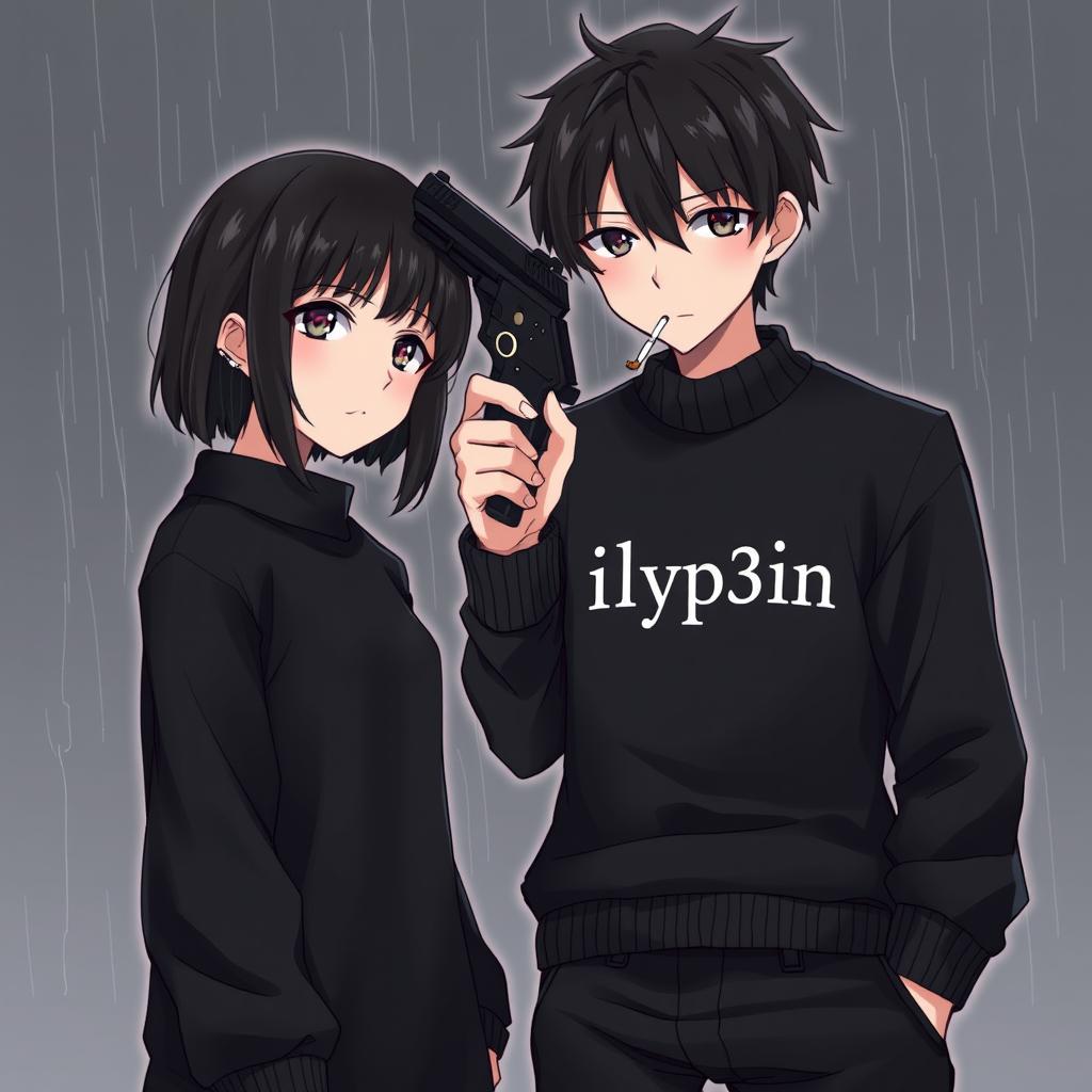 A detailed anime art image featuring a girl in full black attire with a serious expression, standing in contrast to a boy next to her
