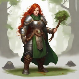 A dynamically powerful redhead dwarf female druid (only controlling the wood and earth elements) stands adorned in solid heavy armor. She commands a current of air visibly laden with twirling leaves and small rocks around her.