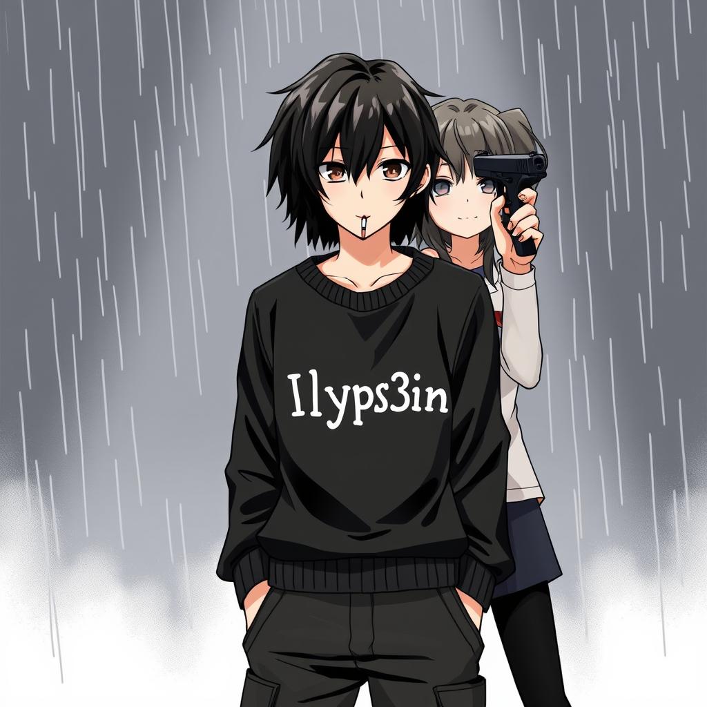 Anime style illustration of a teenage boy with black medium-length hair, wearing a black sweater that says 'Ilyp3in' and black cargo pants