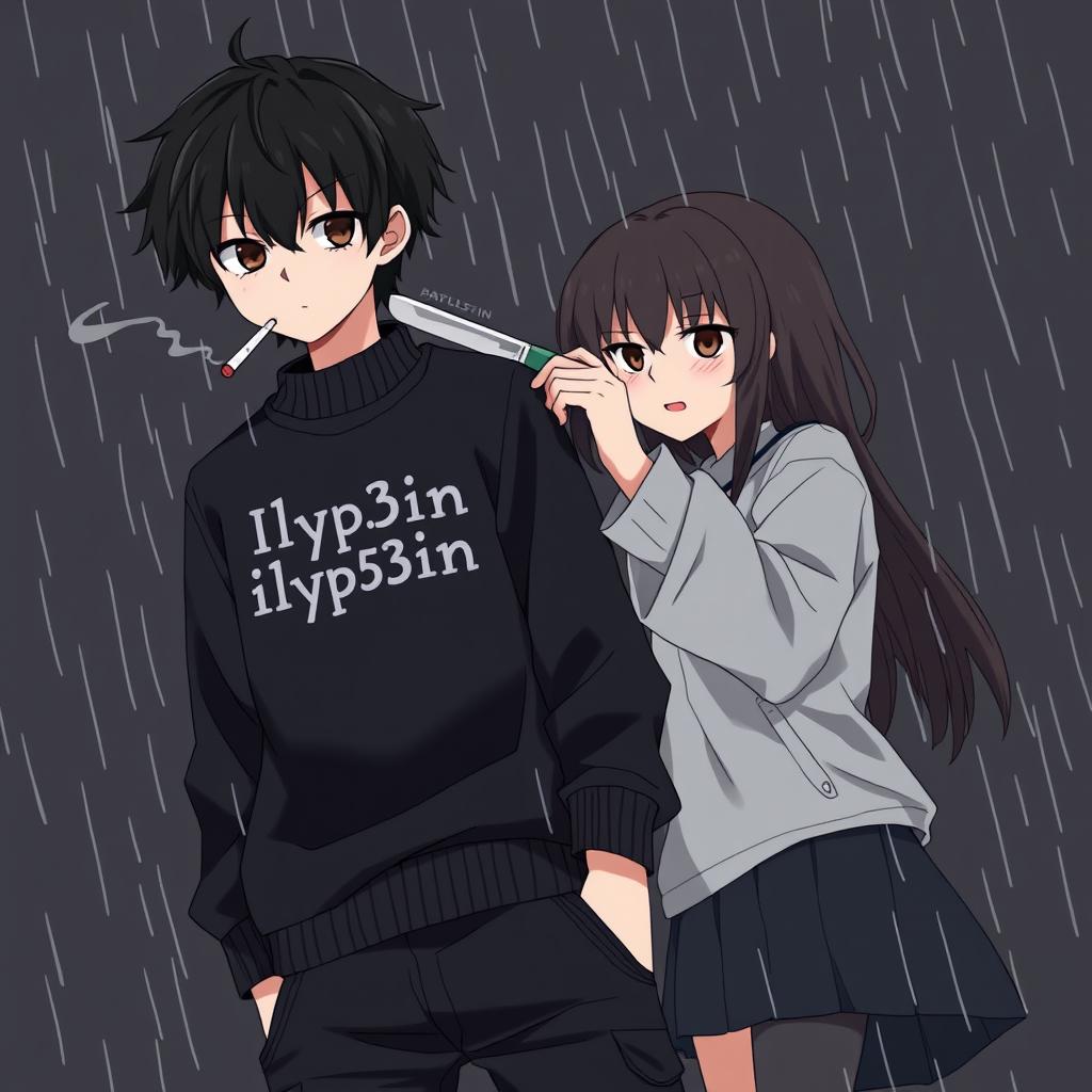 An anime art scene featuring a boy with medium black hair and dark brown eyes, wearing a black sweater that has the text 'Ilyp3in' on it and black cargo pants