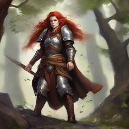 A dramatic portrait of an unarmed, redhead dwarven female druid, able to control only wood and earth elements, donned in her heavy armor. She summons a gust of air, causing leaves and rocks to revolve in an enchanting dance around her.