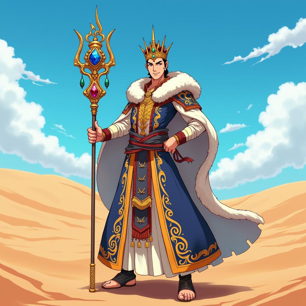 A charismatic anime-style emperor standing proudly in a vast desert landscape