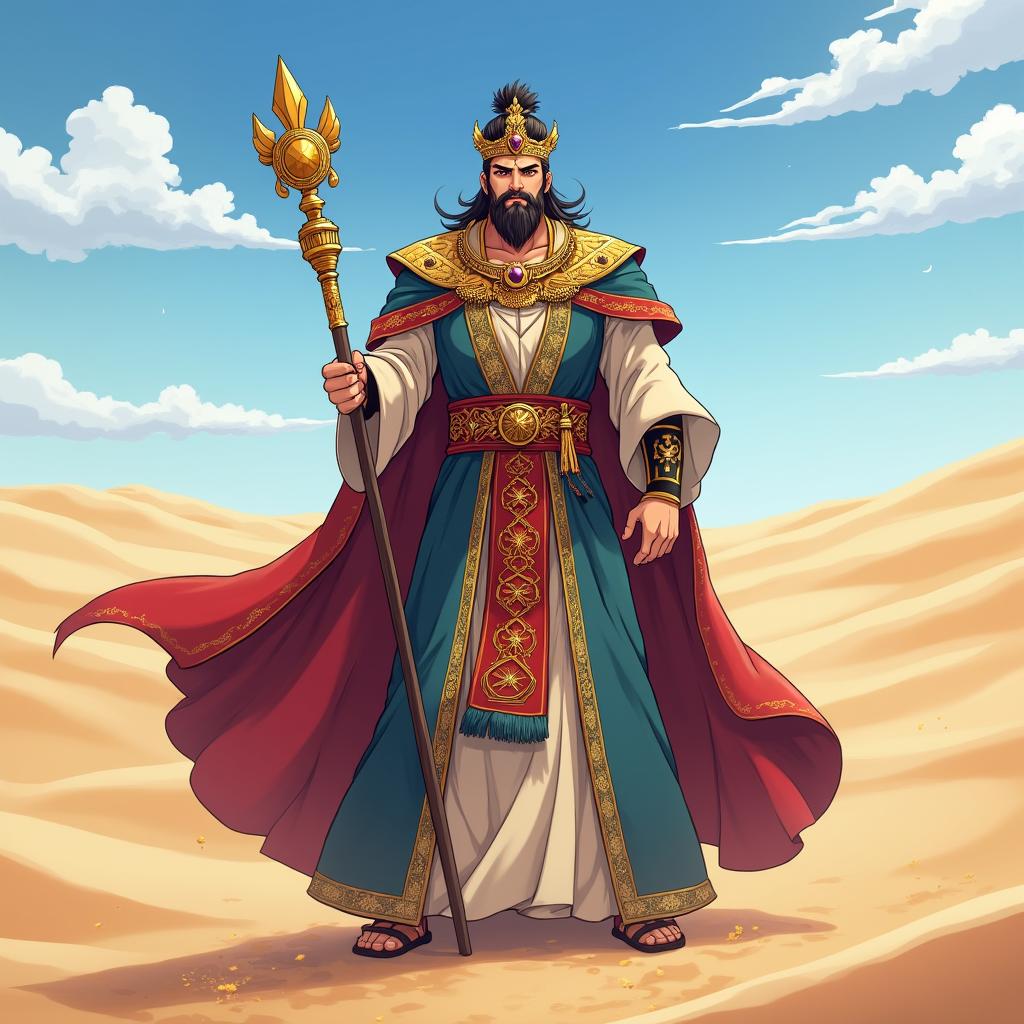 An anime-style emperor adorned in magnificent desert emperor robes standing proudly in a vast, sandy desert landscape