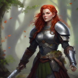 A dramatic portrait of an unarmed, redhead dwarven female druid, able to control only wood and earth elements, donned in her heavy armor. She summons a gust of air, causing leaves and rocks to revolve in an enchanting dance around her.