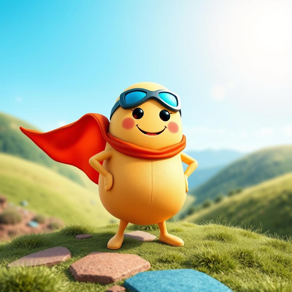 A whimsical, cartoonish scene featuring a superhero Kolobok, a round, cheerful dough character with a bright smile, wearing a vibrant superhero cape and mask