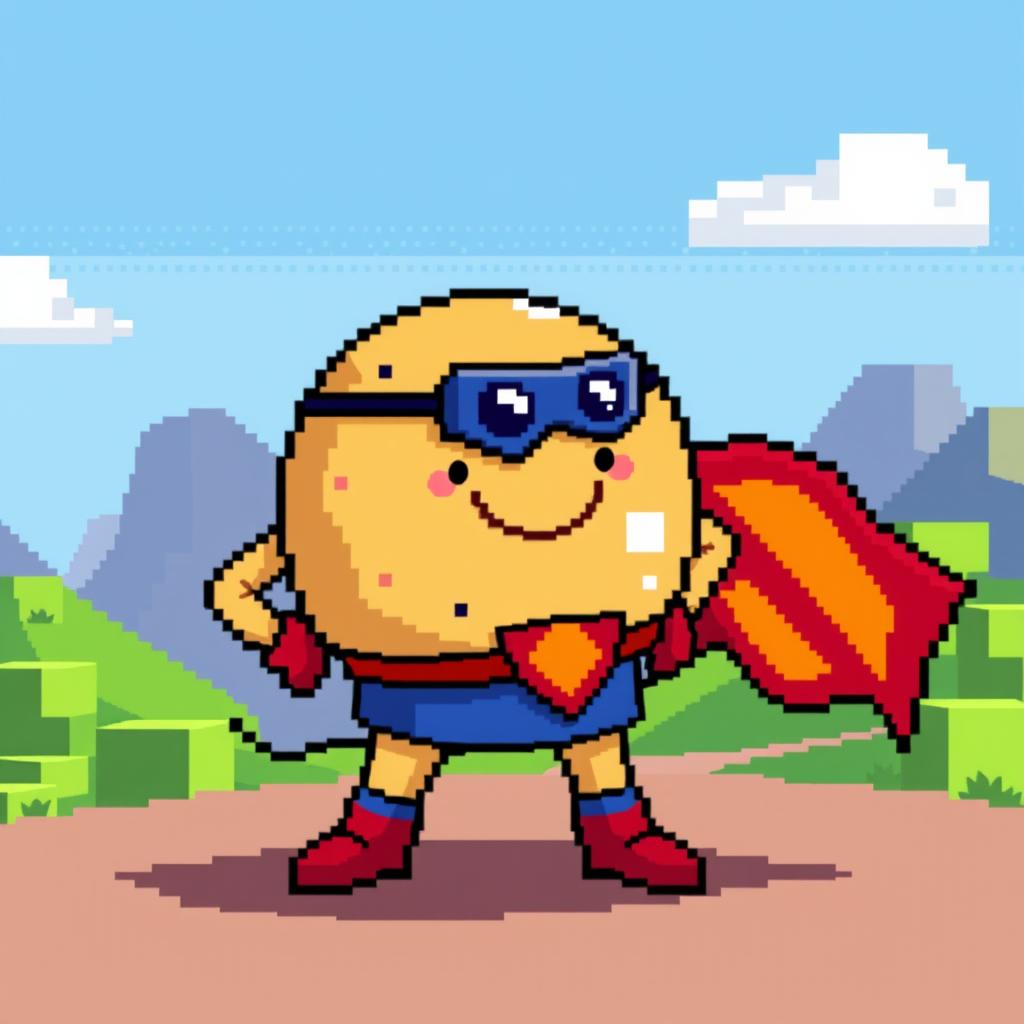 A pixel art rendition of Kolobok, the round and cheerful dough character, designed as a superhero