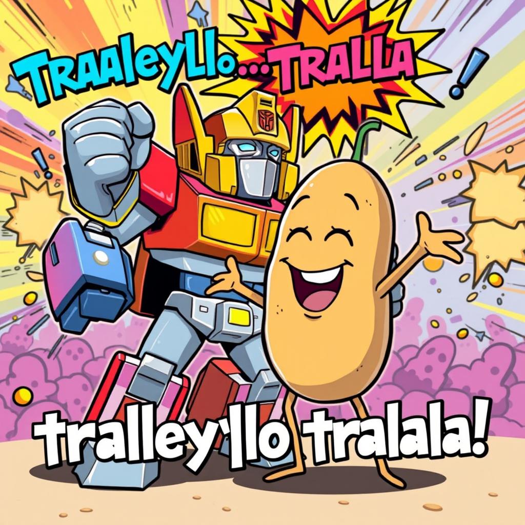 A humorous and whimsical scene featuring a Transformer character in a vibrant and playful style, engaging with a cartoonish potato character