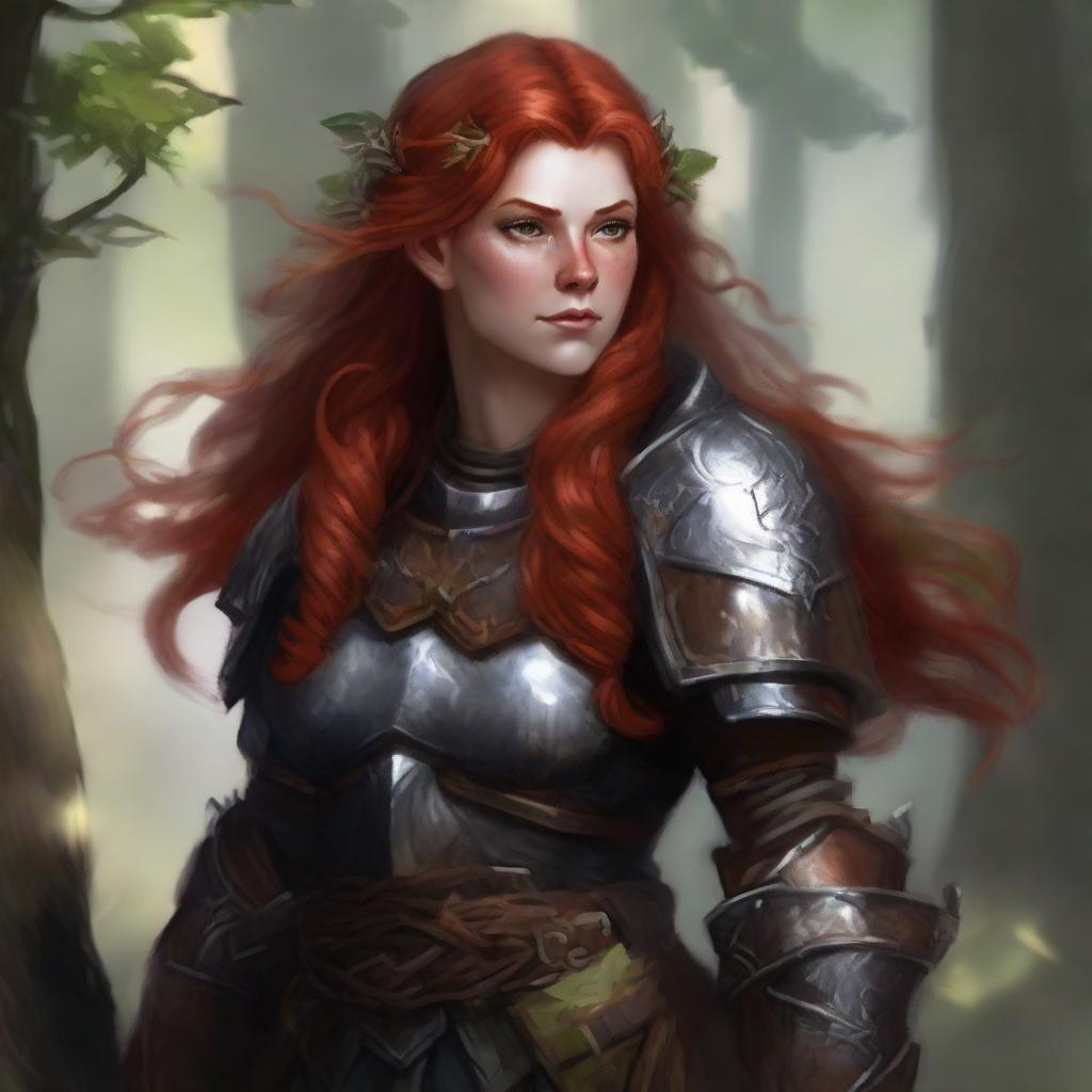 A dramatic portrait of an unarmed, redhead dwarven female druid, able to control only wood and earth elements, donned in her heavy armor. She summons a gust of air, causing leaves and rocks to revolve in an enchanting dance around her.