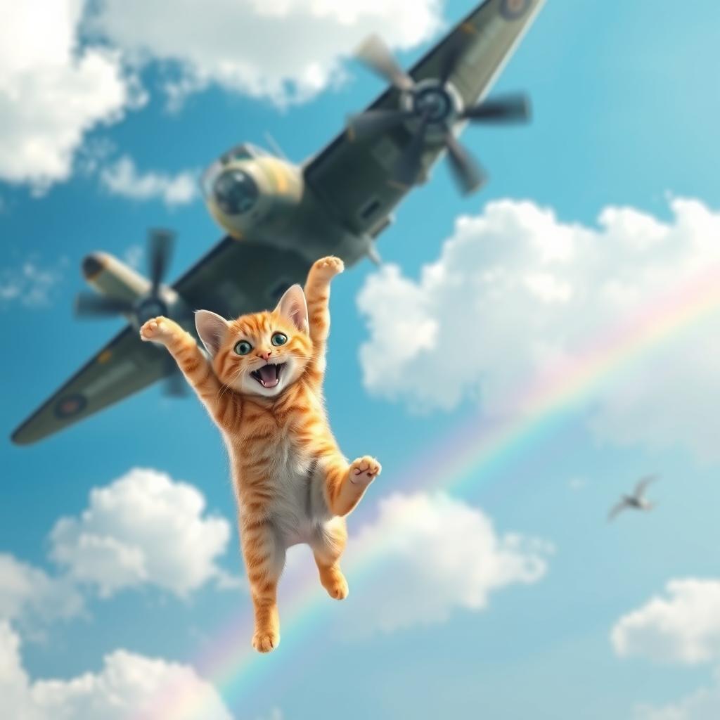 A whimsical scene depicting a bomber aircraft flying in the sky with fluffy white clouds