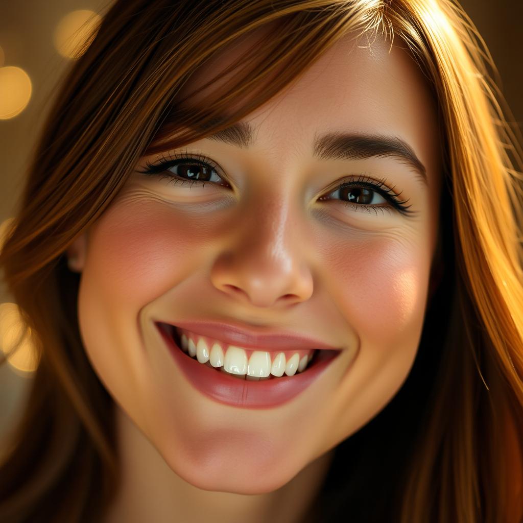 A close-up portrait of a beautiful woman smiling with her lips closed, showcasing a warm and inviting expression