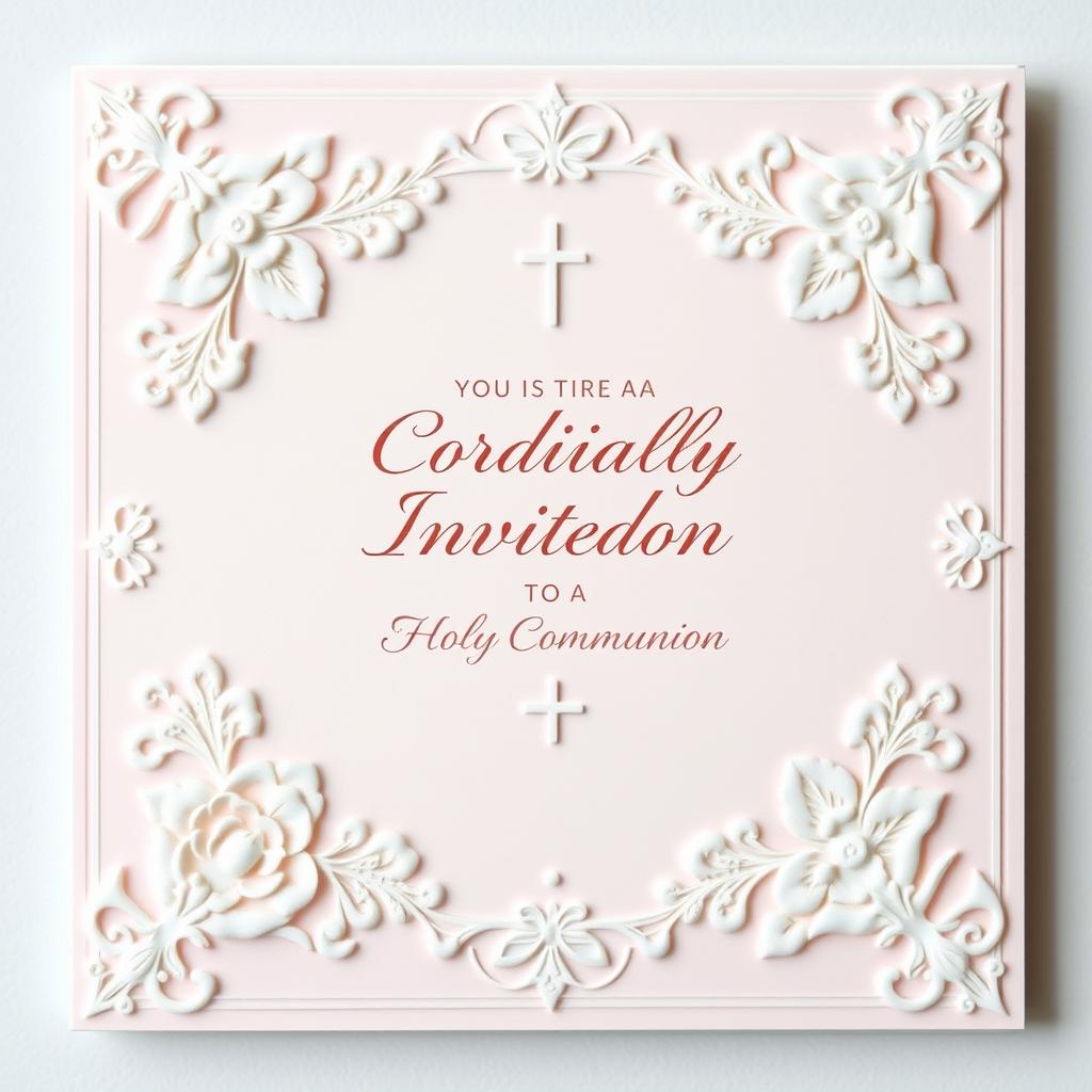A beautifully designed holy communion invitation card, featuring elegant floral patterns and delicate white lace accents