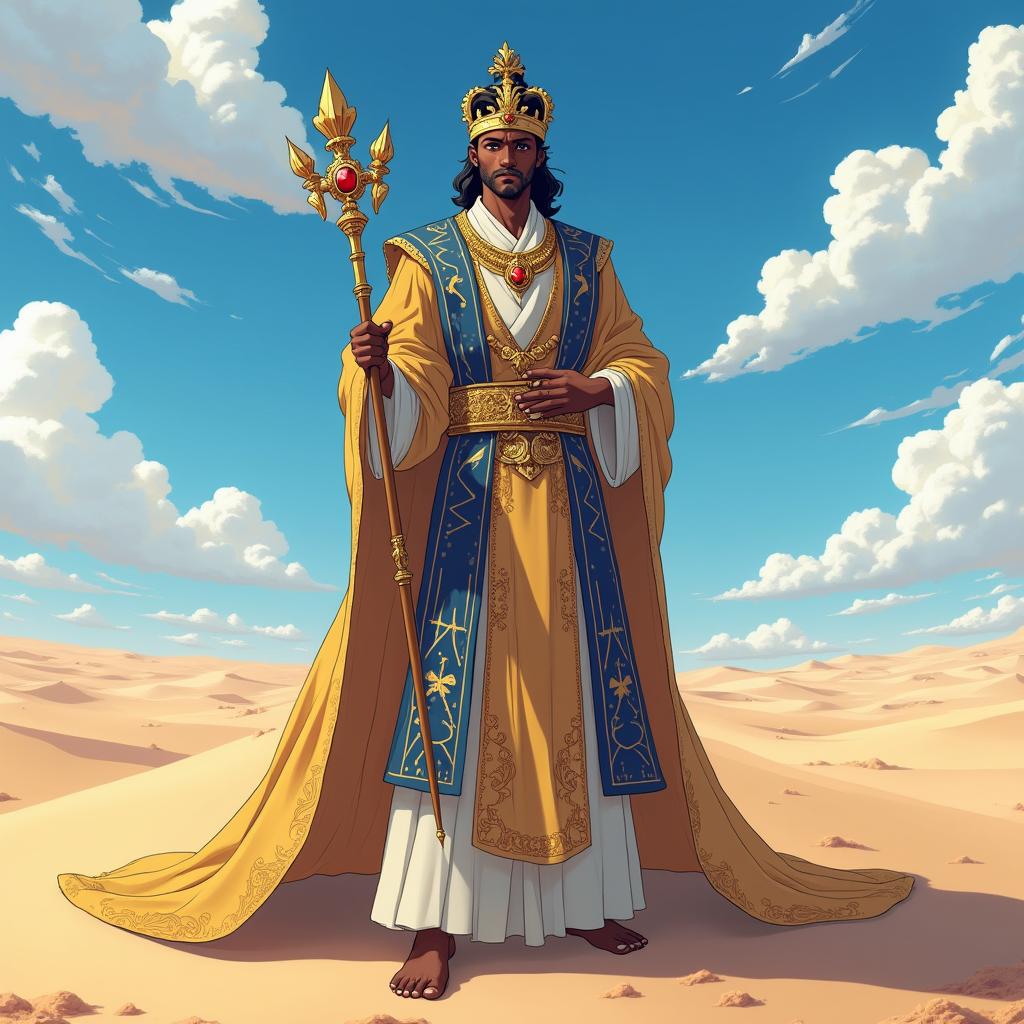 An anime-style emperor with dark skin standing majestically in a vast desert landscape