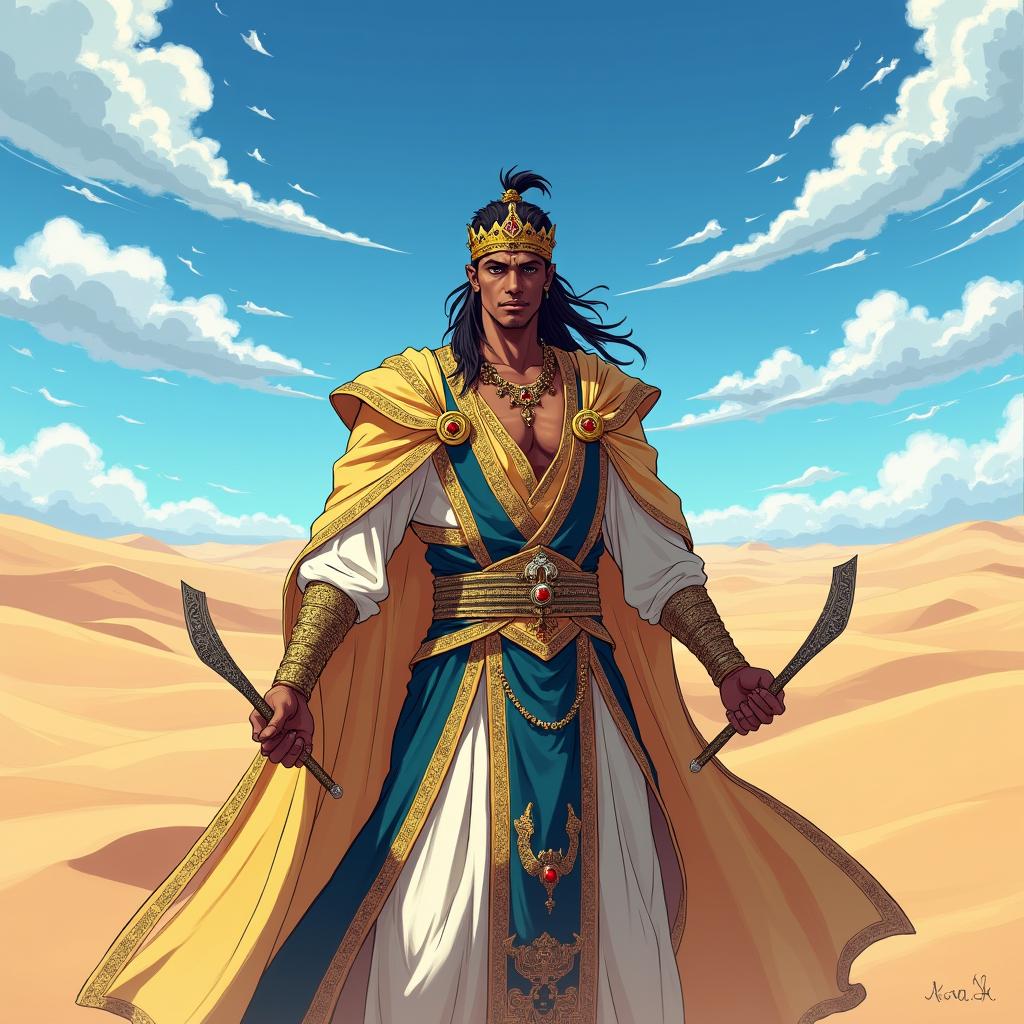 An anime-style emperor with dark skin standing majestically in a vast desert landscape