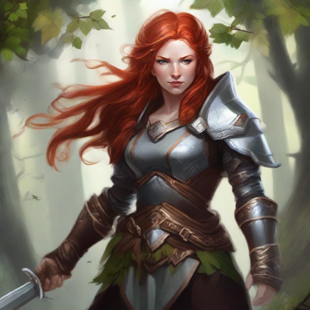 A dramatic portrait of an unarmed, redhead dwarven female druid, able to control only wood and earth elements, donned in her heavy armor. She summons a gust of air, causing leaves and rocks to revolve in an enchanting dance around her.