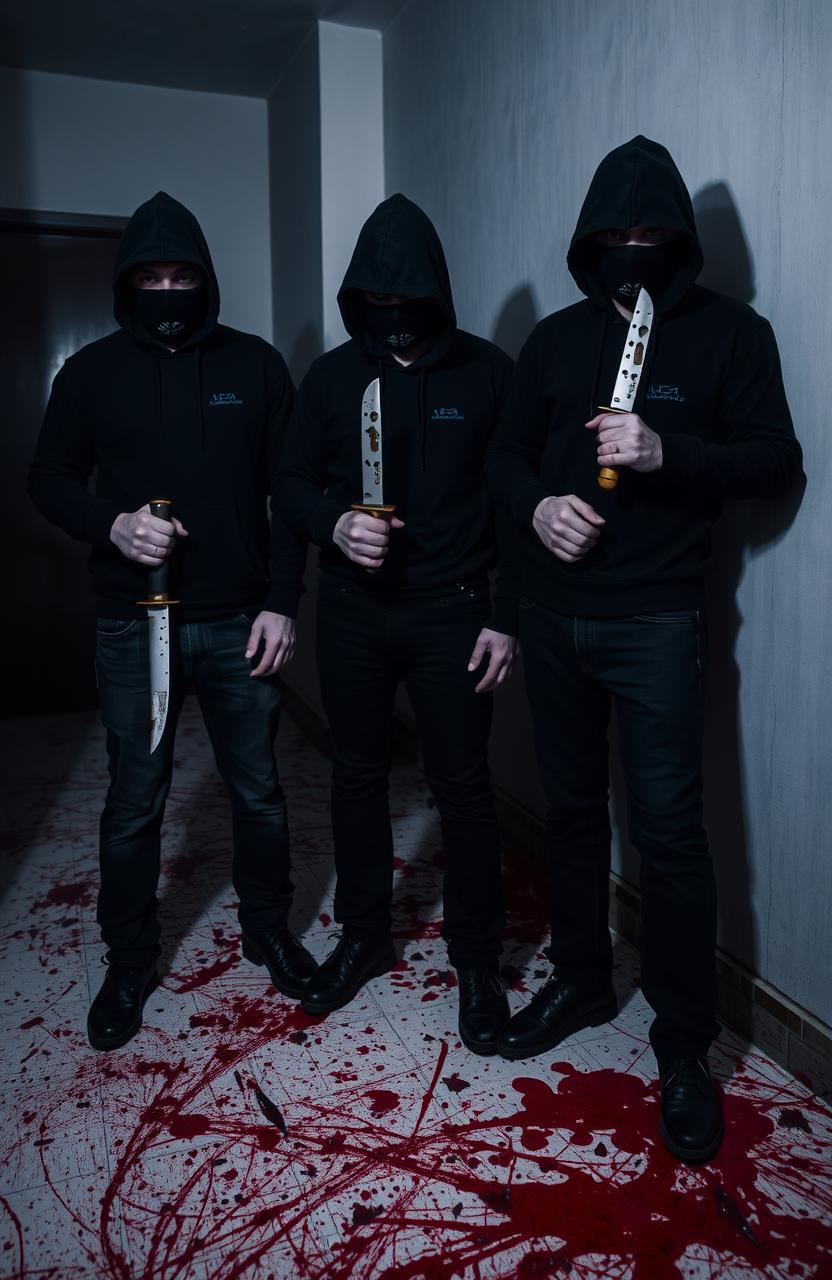 Three faceless figures dressed in black hoods, black jeans, and black clothing stand ominously