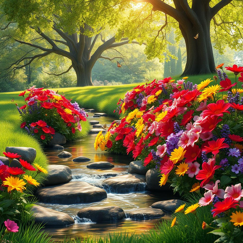 A stunning representation of a heavenly garden, lush with vibrant flowers in a myriad of colors, including bright reds, yellows, and purples