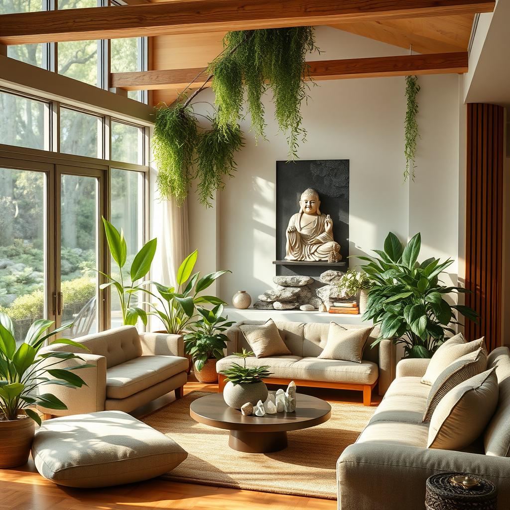 A beautifully arranged Feng Shui home interior, showcasing a harmonious blend of nature and tranquility