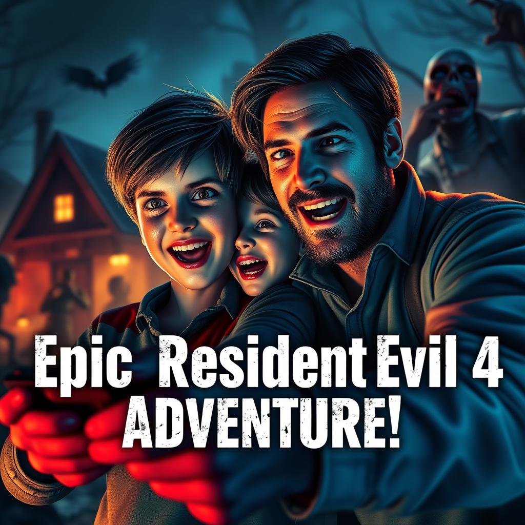 A captivating thumbnail for a Resident Evil 4 gameplay video featuring a father and son duo