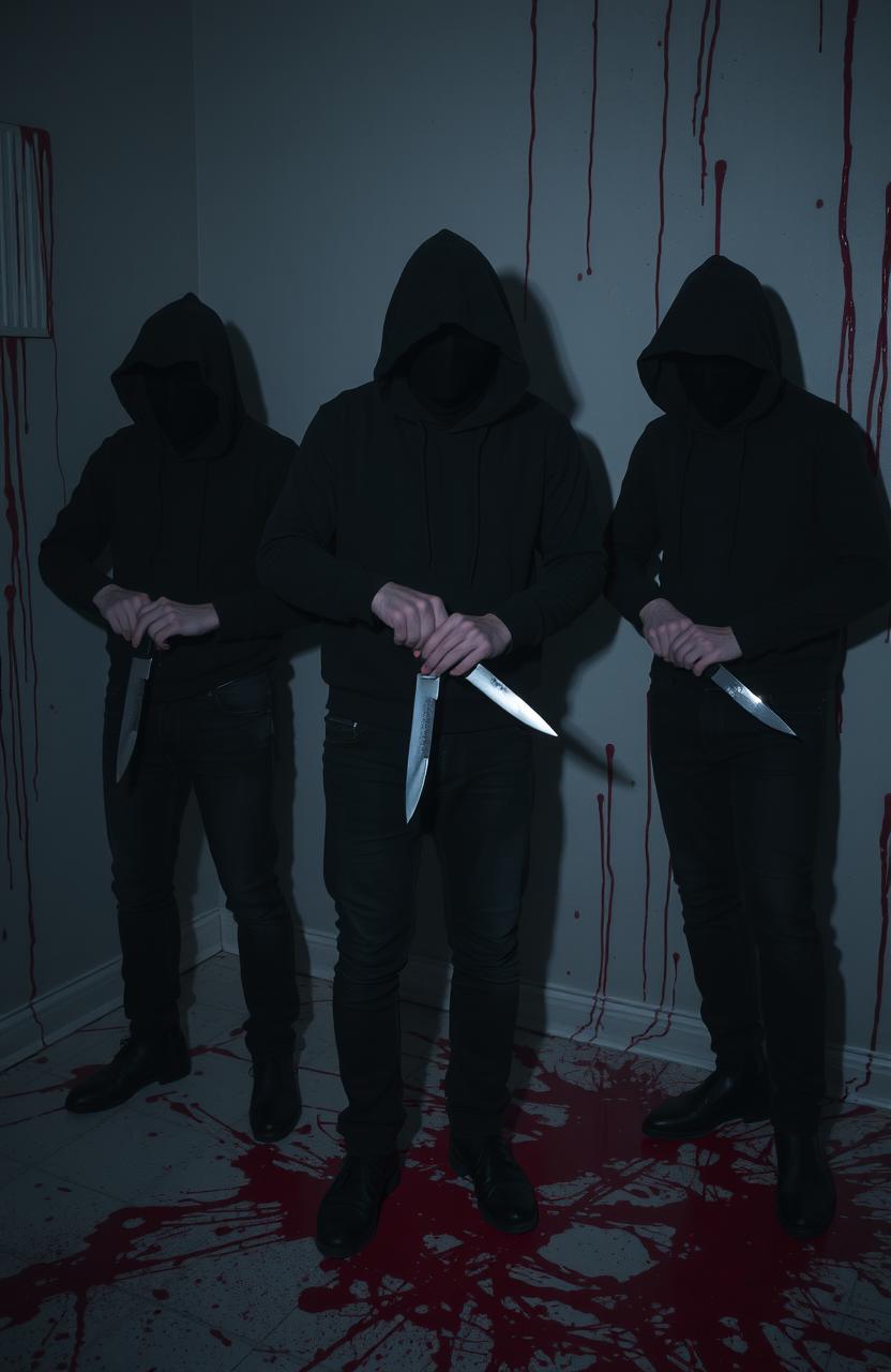 Three faceless individuals wearing black clothing, hoods, and black jeans, each gripping a knife in their hands