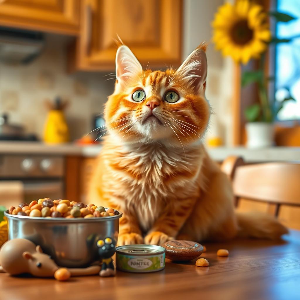 A cute orange cat with bright green eyes, sitting at a kitchen table looking up with a pleading expression, surrounded by food items like a bowl of colorful kibble, a can of fish, and a few scattered treats