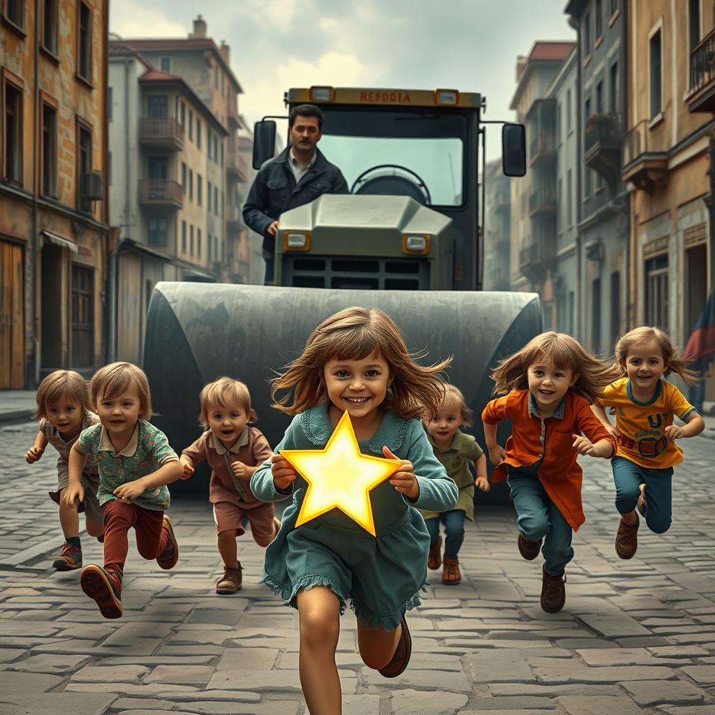 A scene depicting children running energetically towards a road roller, emphasizing their determination