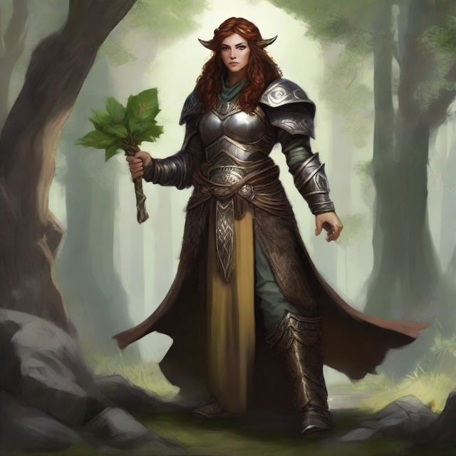 An image of an imposing, unarmed dwarven female druid, master of only wood and earth. Donned in heavy armor, she conjures a current of air swirling with leaves and rocks within her elemental command.