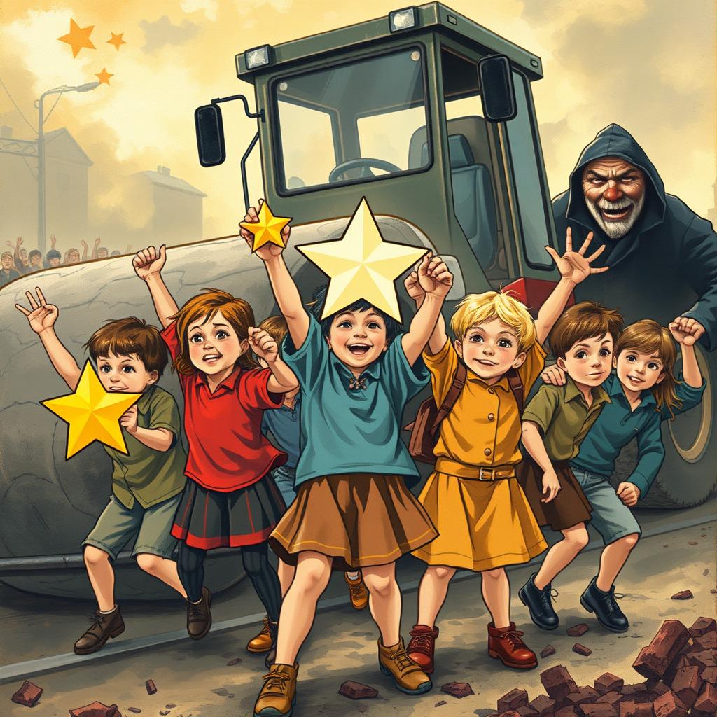 A dramatic scene depicting a group of children, full of determination and bravery, aggressively battling against a road roller