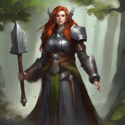 An image of an imposing, unarmed dwarven female druid, master of only wood and earth. Donned in heavy armor, she conjures a current of air swirling with leaves and rocks within her elemental command.