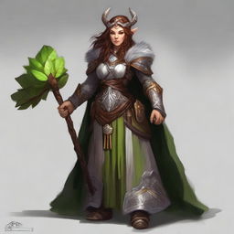 An image of an imposing, unarmed dwarven female druid, master of only wood and earth. Donned in heavy armor, she conjures a current of air swirling with leaves and rocks within her elemental command.