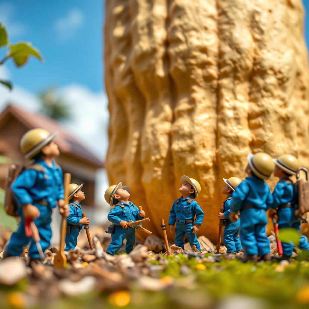 A close-up scene featuring tiny workers dressed in bright blue uniforms, working diligently as they prepare for a monumental task