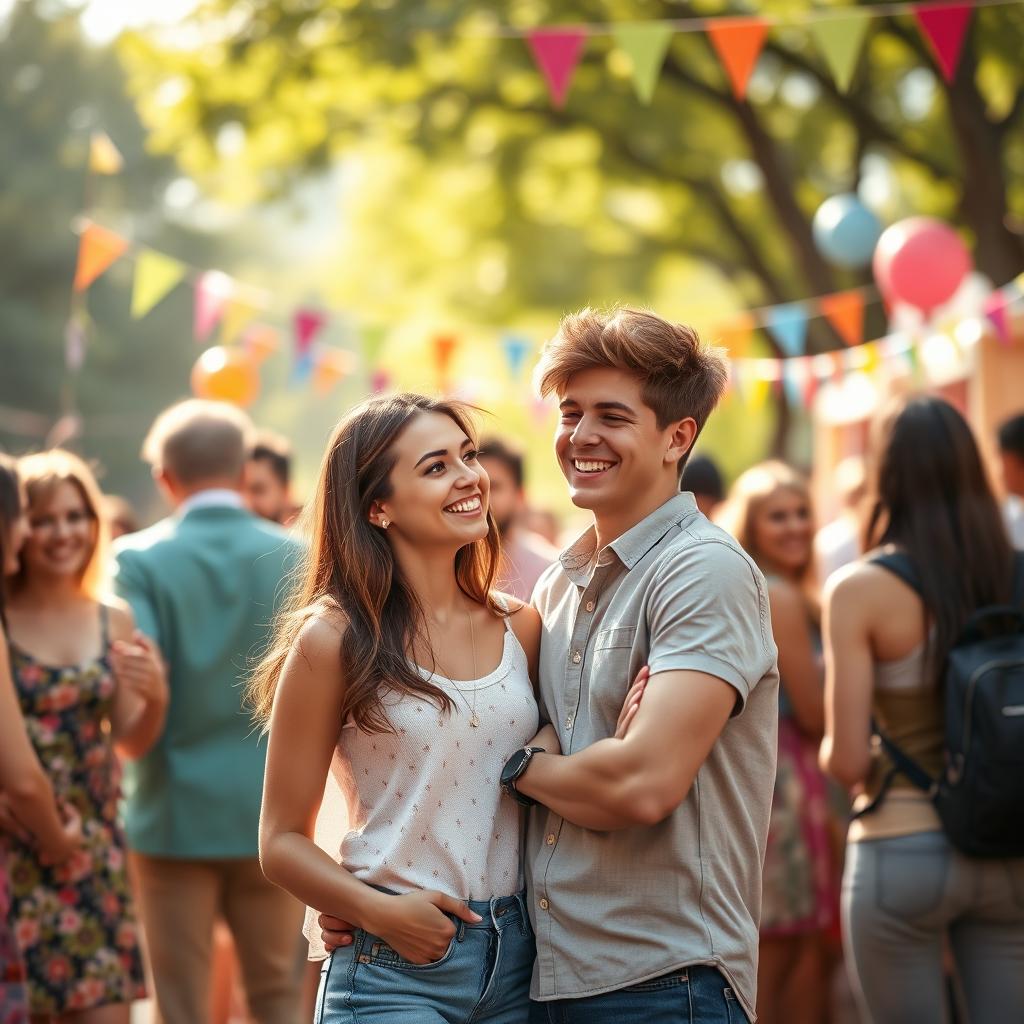 A vibrant scene featuring a young couple, a girl and a boy, in a lively atmosphere
