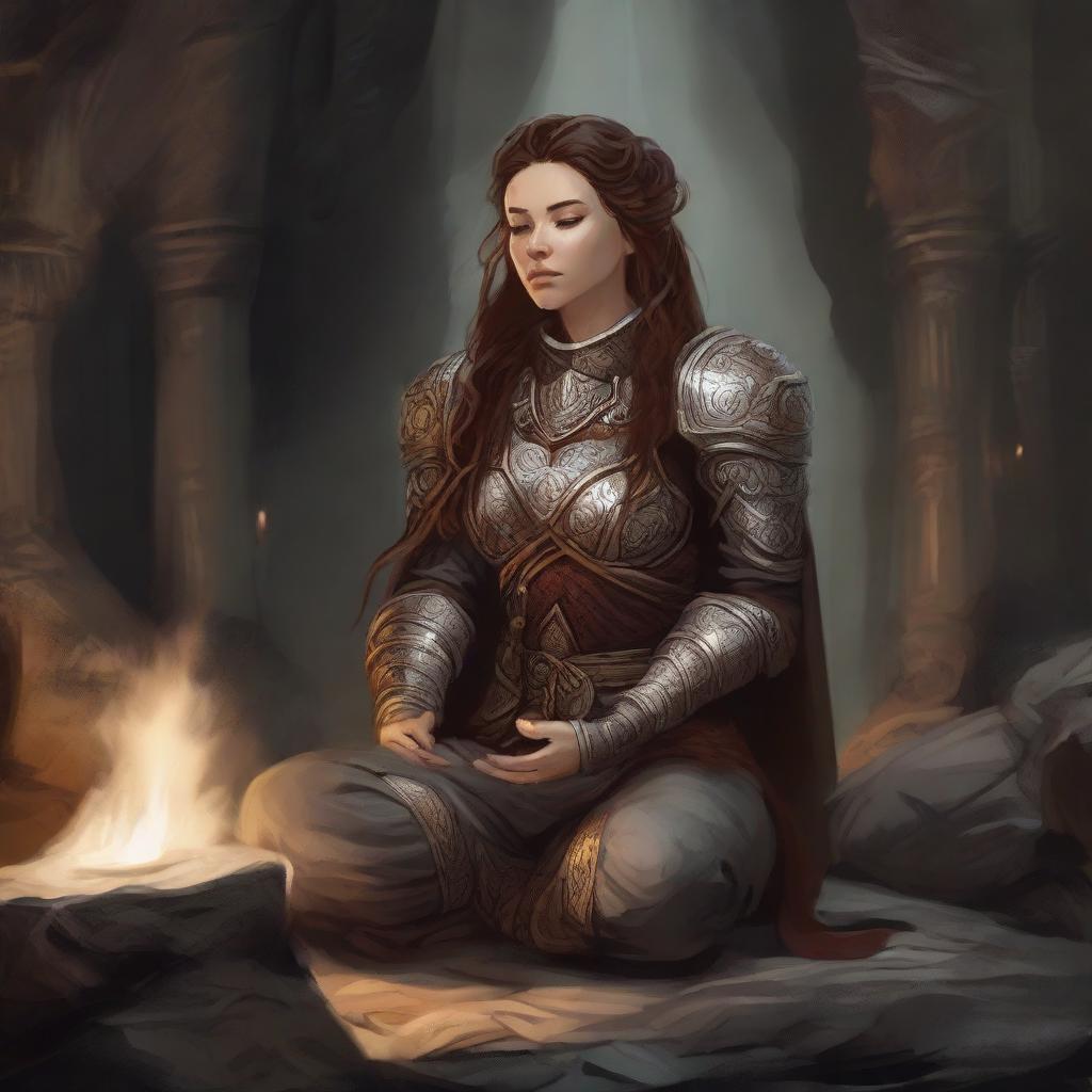 A concentrated dwarven female druid (with control over only wood and earth elements) deep in meditation within a cavern. Clad in her heavy armor, intricate patterns of earth and wood energy swirl mesmerizingly over her outstretched hands.