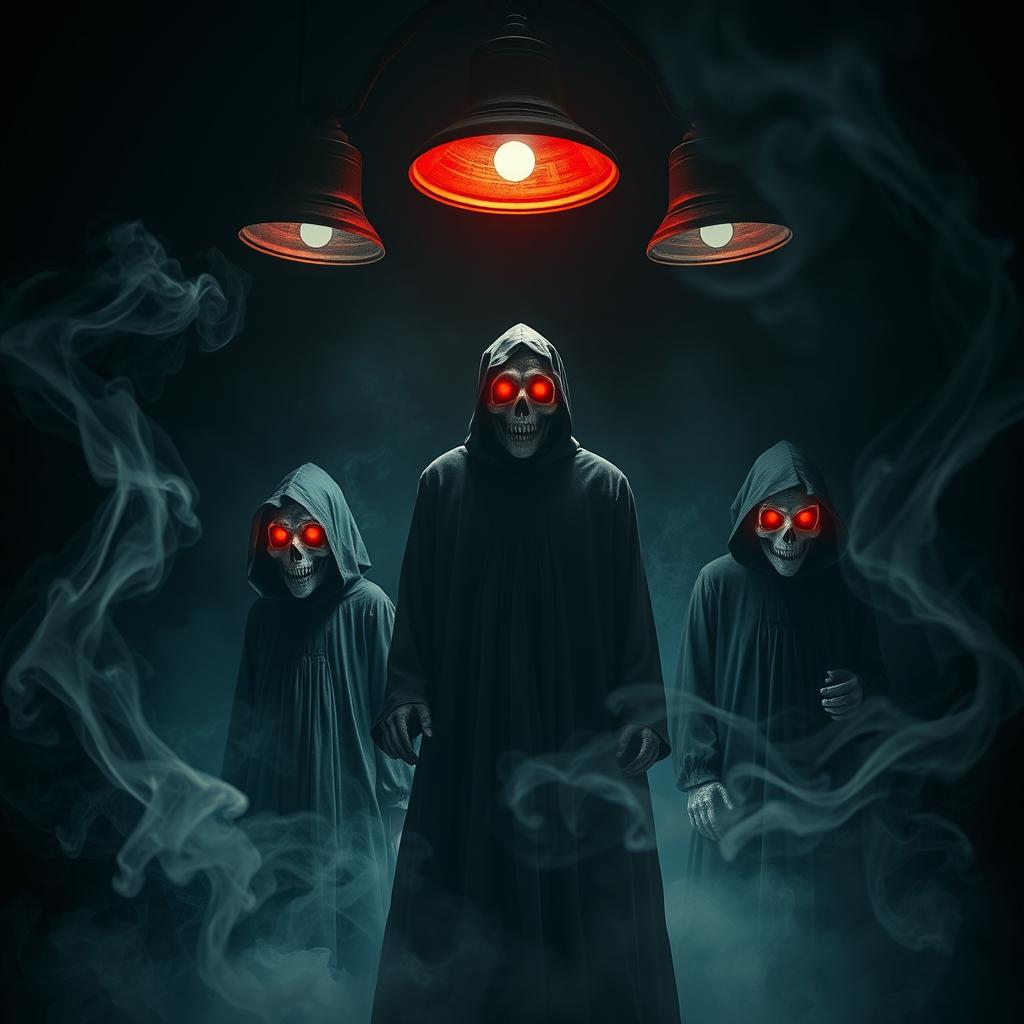 A cinematic horror scene featuring three half-burned face ghosts in grim reaper dresses: a 22-year-old girl, a 27-year-old man, and a 40-year-old man
