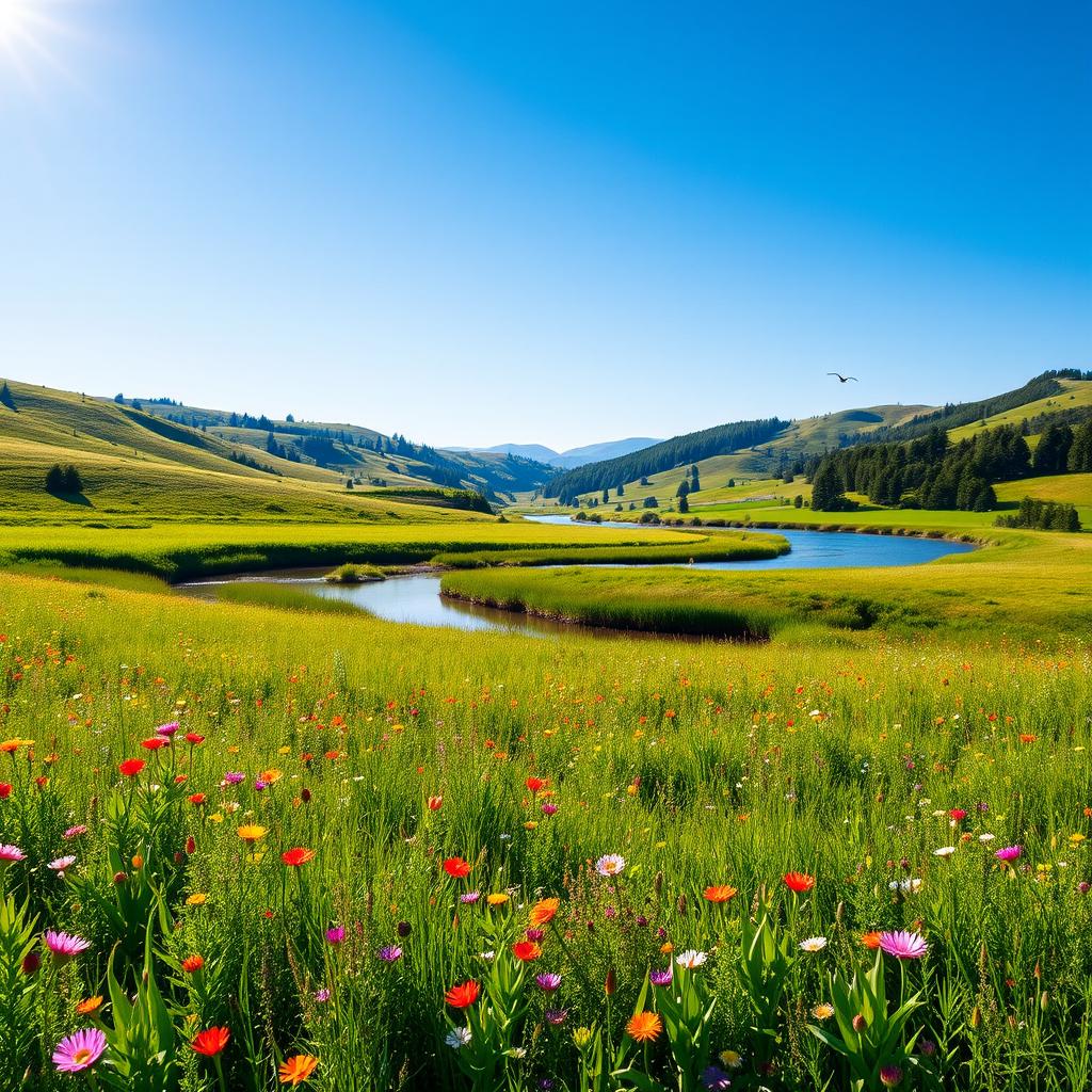 A serene landscape featuring a lush green meadow dotted with vibrant wildflowers under a clear blue sky
