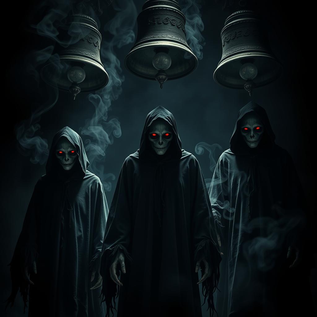 A chilling cinematic horror scene featuring three ghostly figures standing ominously under three large, mystical bells