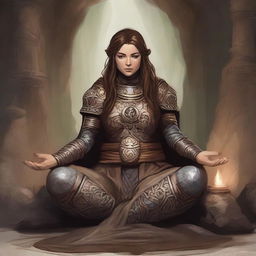 A concentrated dwarven female druid (with control over only wood and earth elements) deep in meditation within a cavern. Clad in her heavy armor, intricate patterns of earth and wood energy swirl mesmerizingly over her outstretched hands.