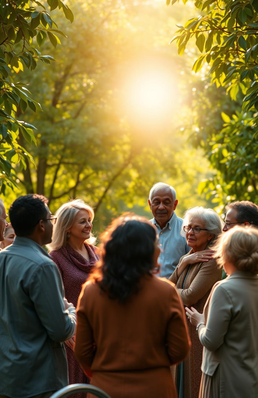 A serene and uplifting scene depicting a diverse group of leaders, both men and women, gathered in a lush green setting, engaging in a dynamic discussion about leadership inspired by faith and spirituality