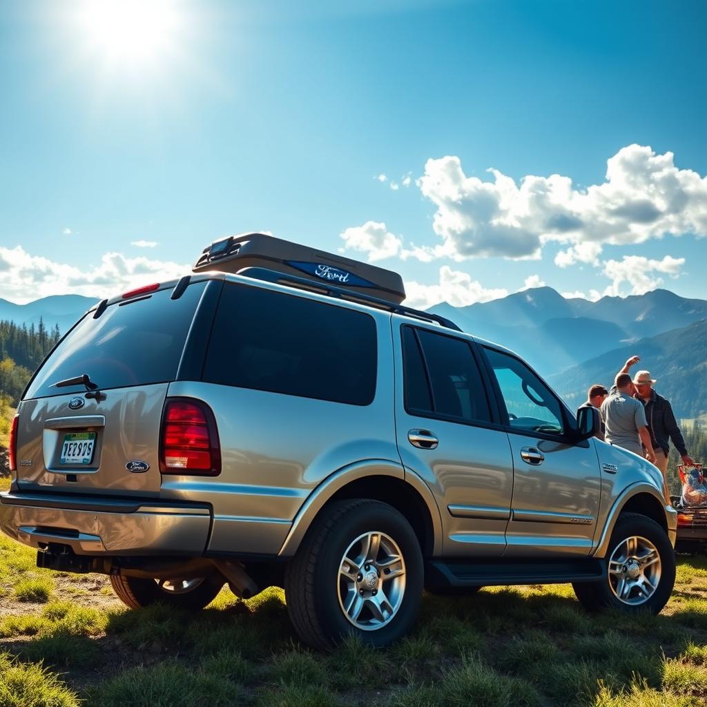 A sleek, modern Ford Expedition from 2003 parked in a scenic outdoor setting, surrounded by lush greenery and a clear blue sky