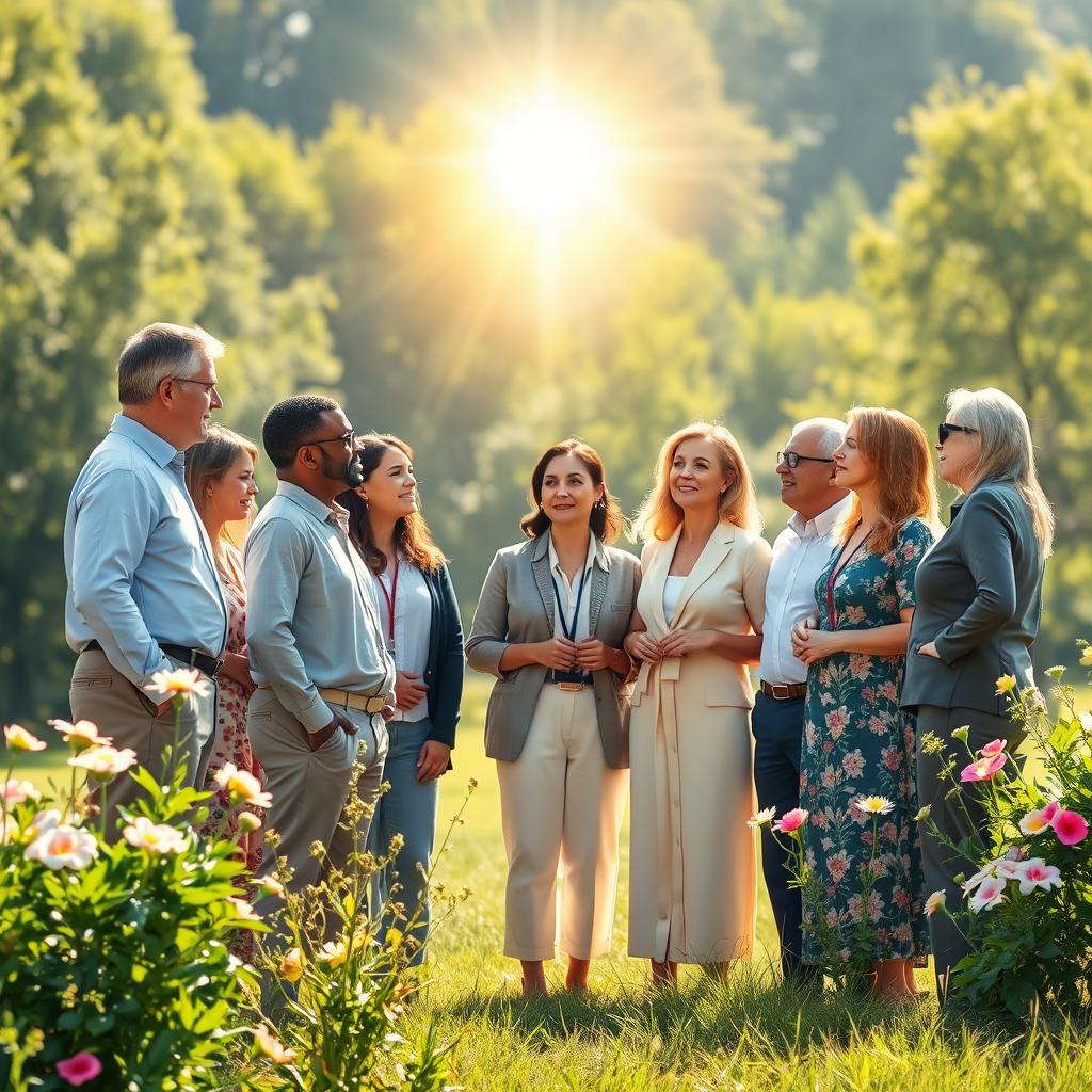 An inspirational scene illustrating a diverse group of leaders, both men and women, standing together in a beautiful, serene outdoor setting, discussing concepts of leadership guided by faith and spirituality
