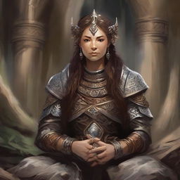 A concentrated dwarven female druid (with control over only wood and earth elements) deep in meditation within a cavern. Clad in her heavy armor, intricate patterns of earth and wood energy swirl mesmerizingly over her outstretched hands.