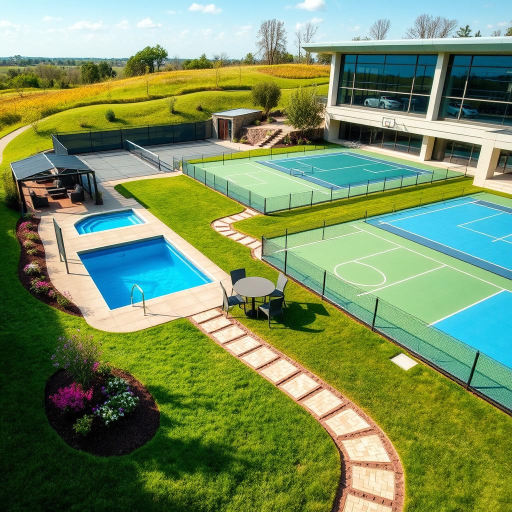 A scenic view of a small sporting facility featuring a compact swimming pool, a well-maintained tennis court, a basketball court, and a modern gym