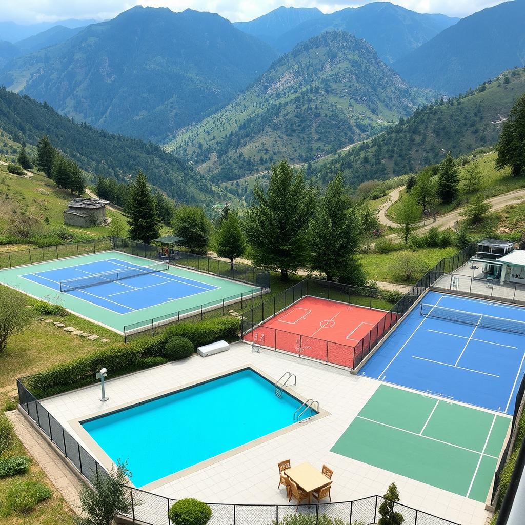 A picturesque view of a small sporting facility nestled in a mountainous landscape, featuring a compact swimming pool, a well-maintained tennis court, a basketball court, and a modern gym